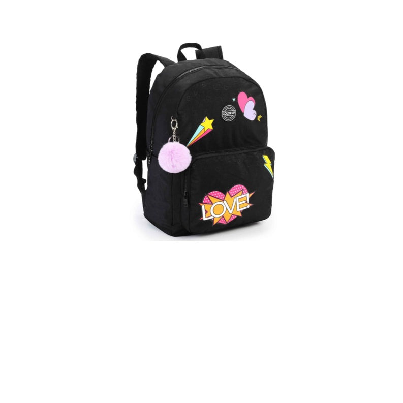 Mochila Juvenil Feminina Color Up Love Em Crinkle Com Pompom preta