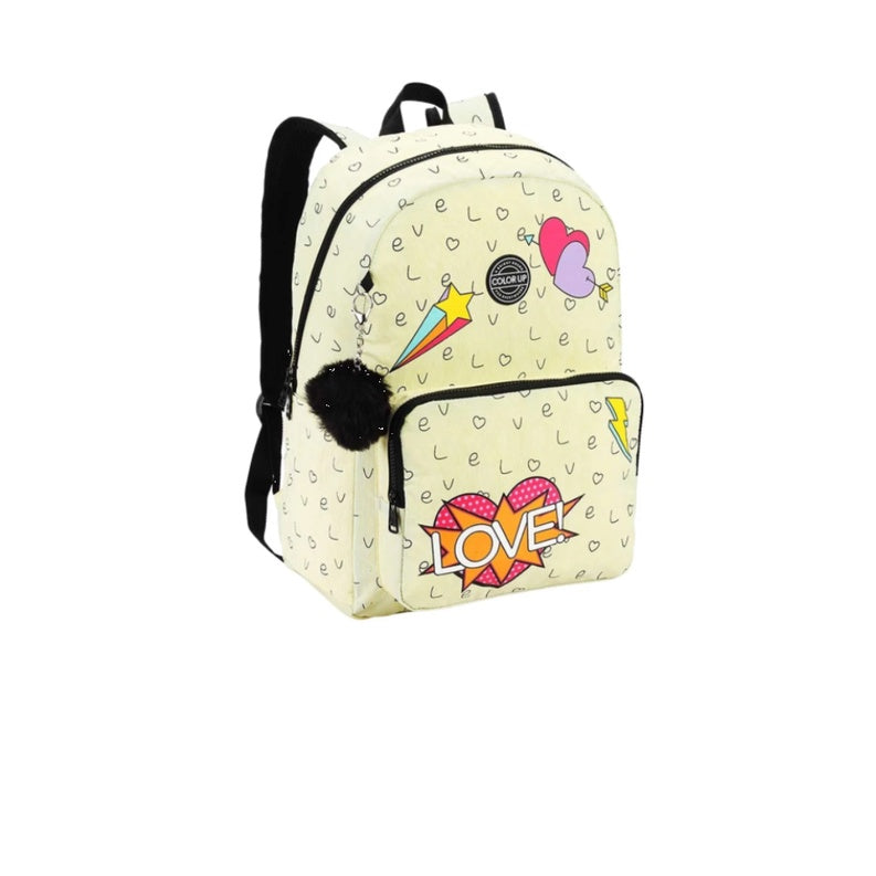 Mochila Juvenil Feminina Color Up Love Em Crinkle Com Pompom amarela