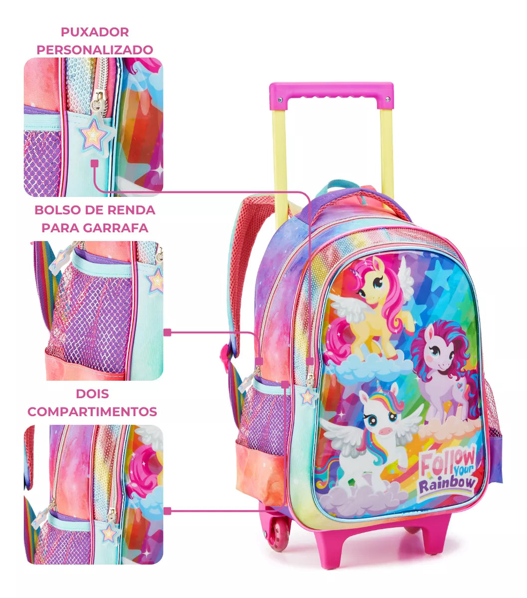 Kit Mochila Escolar Rodinha Infantil Unicórnio Menina