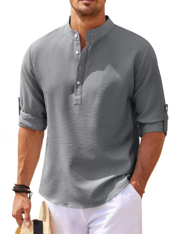 Camisa Masculina  De Linho Manga  3/4  Gola Padre