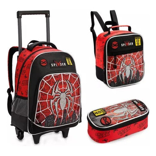 Kit Mochila Escolar Infantil Menino Rodinha Lancheira Estojo Aranha vermelho