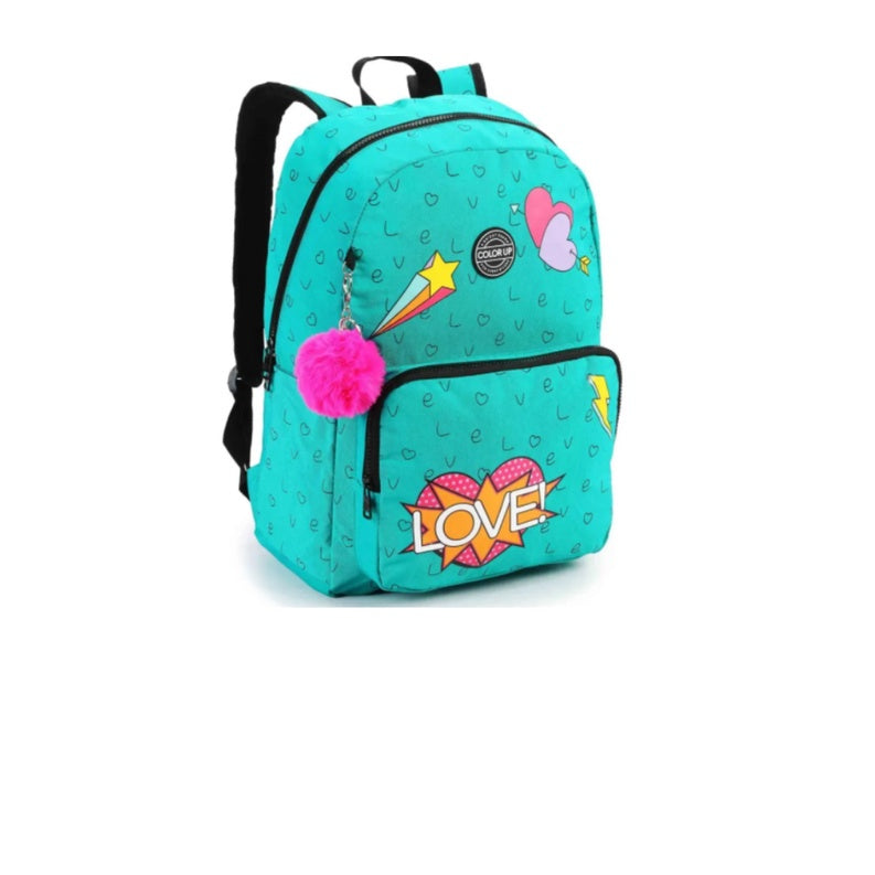 Mochila Juvenil Feminina Color Up Love Em Crinkle Com Pompom azul