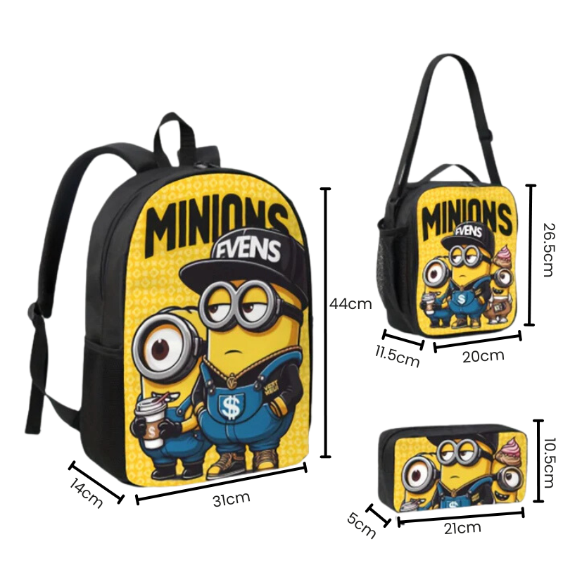 Kit Escolar Minions em Nylon - Mochila, Lancheira e Estojo