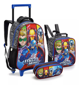 Kit Mochila Escolar Infantil Menino Rodinha Lancheira Estojo Herois