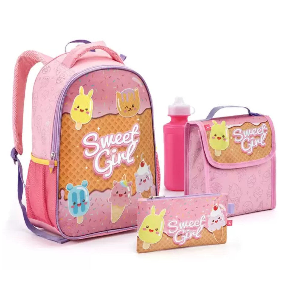 Mochila Feminina Infantil Kit 5 Peça Lancheira Térmica Estojo Garrafinha Chaveiro Mosquetão Escolar Passeio Menina