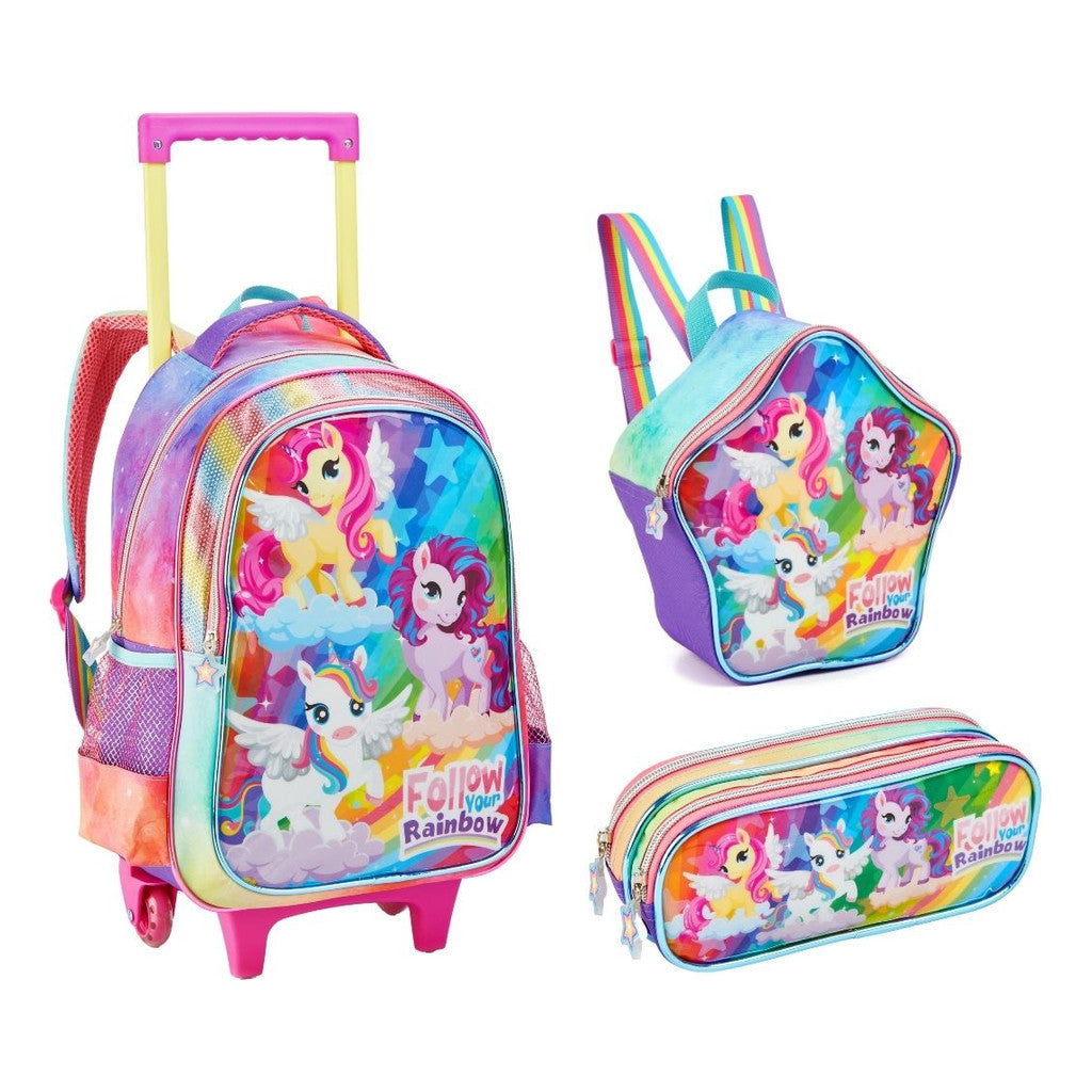 Mochila escolar Kit Mochila Escolar Rodinha Infantil Unicórnio Menina denlex