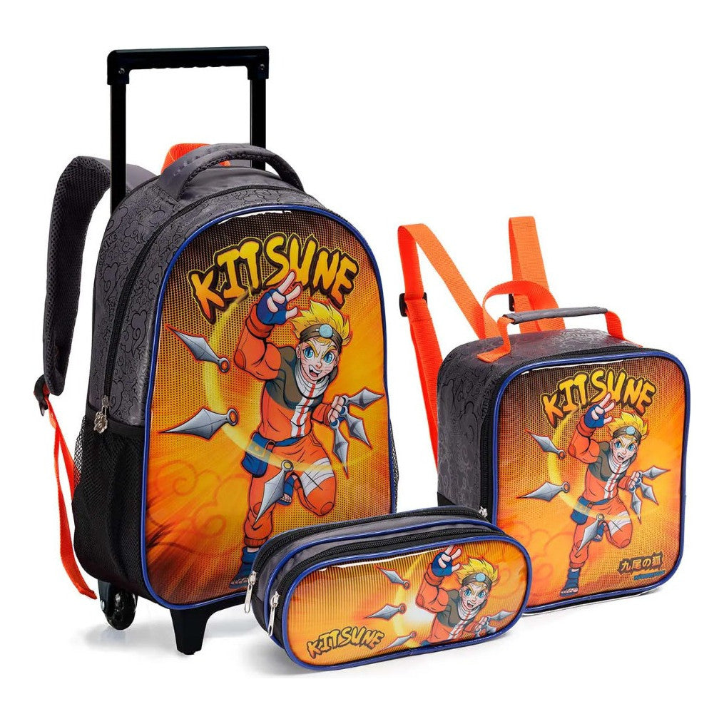 Kit Mochila Masculino Escola Infantil Rodinha Desenho Do Tecido Kitsune