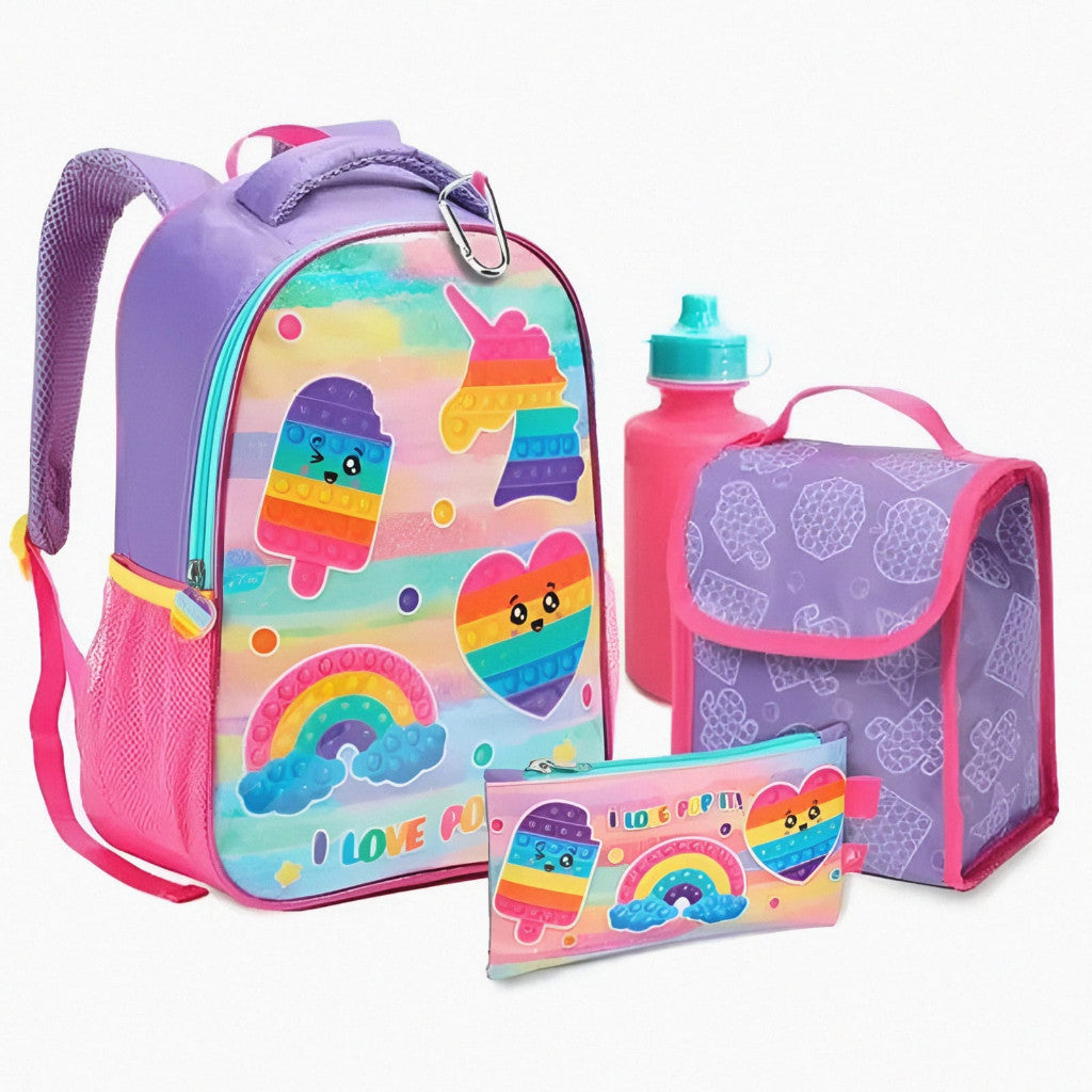 Mochila Feminina Infantil Kit 5 Peça Lancheira Térmica Estojo Garrafinha Chaveiro Mosquetão Escolar Passeio Menina