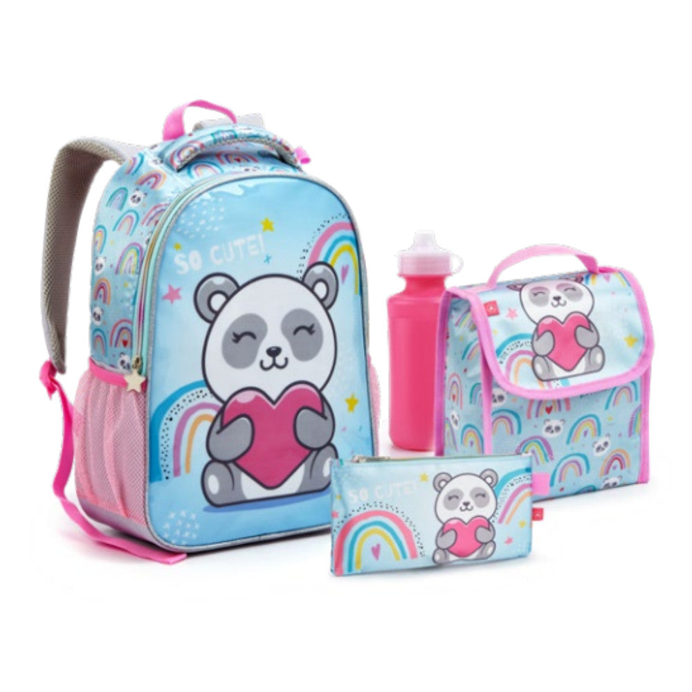 Mochila Feminina Infantil Kit 5 Peça Lancheira Térmica Estojo Garrafinha Chaveiro Mosquetão Escolar Passeio Menina panda