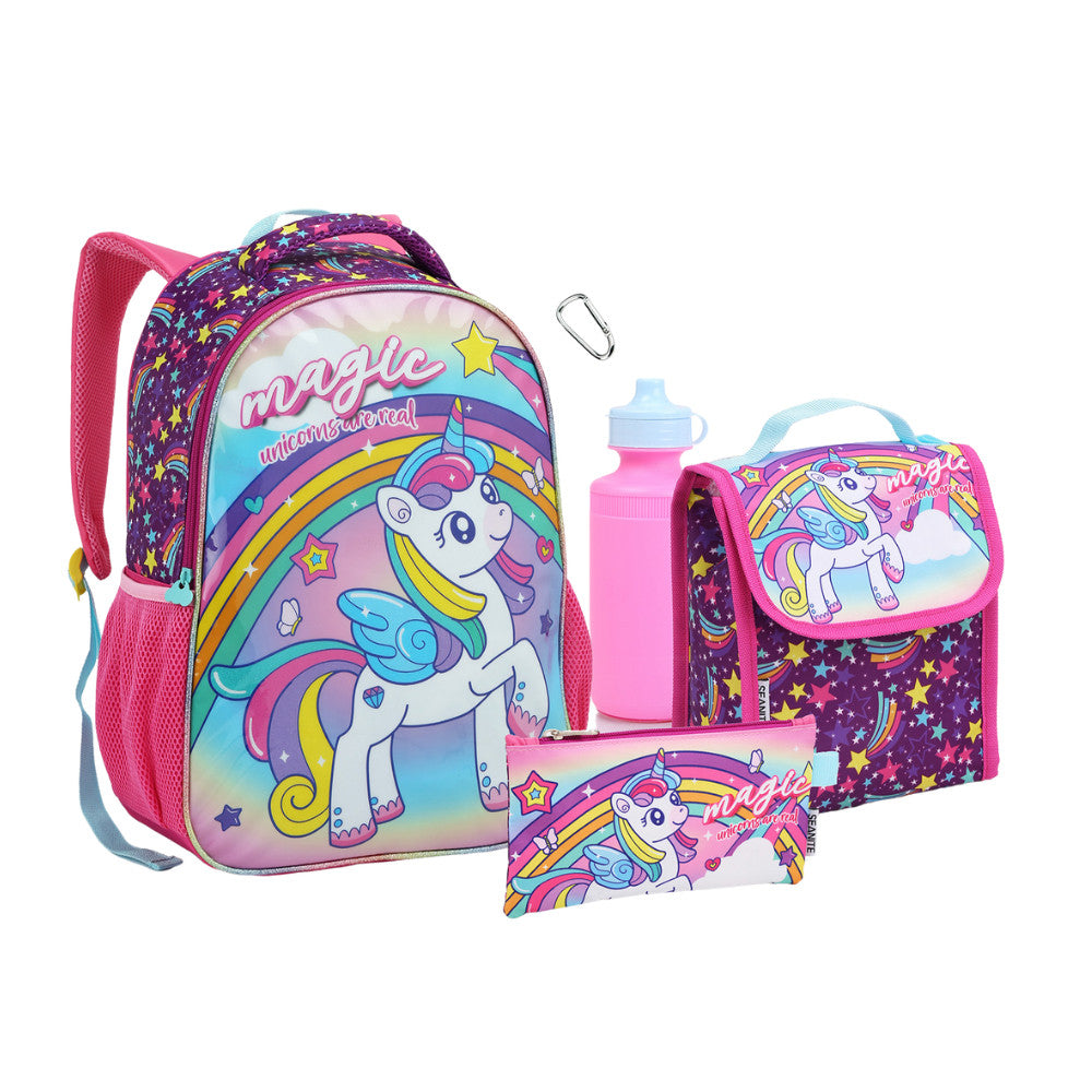 Mochila Feminina Infantil Kit 5 Peça Lancheira Térmica Estojo Garrafinha Chaveiro Mosquetão Escolar Passeio Menina unicornio