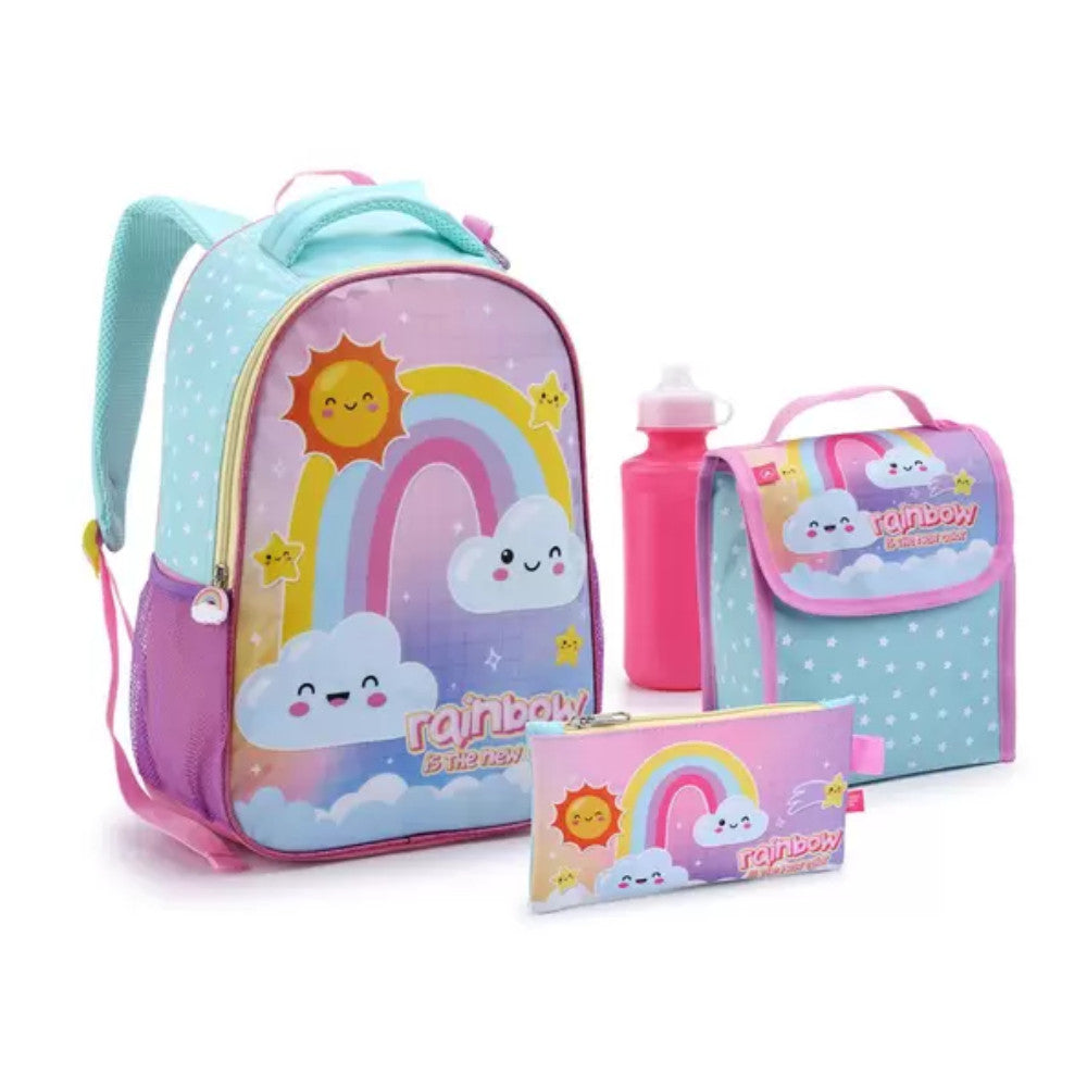 Mochila Feminina Infantil Kit 5 Peça Lancheira Térmica Estojo Garrafinha Chaveiro Mosquetão Escolar Passeio Menina nuvem