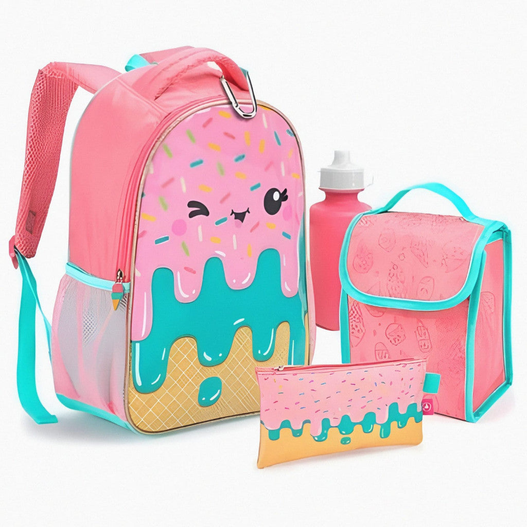 Mochila Feminina Infantil Kit 5 Peça Lancheira Térmica Estojo Garrafinha Chaveiro Mosquetão Escolar Passeio Menina slime 2