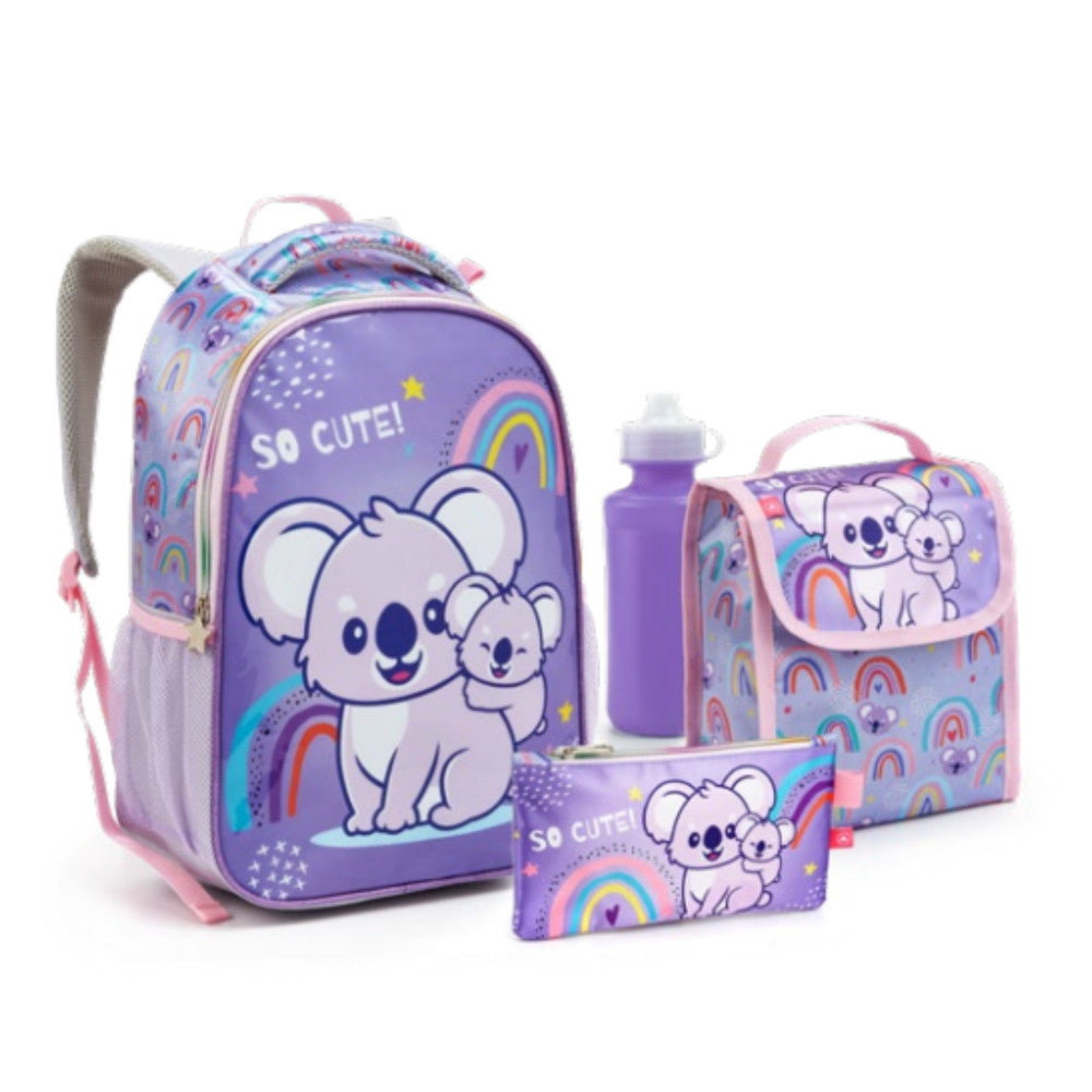 Mochila Feminina Infantil Kit 5 Peça Lancheira Térmica Estojo Garrafinha Chaveiro Mosquetão Escolar Passeio Menina coala