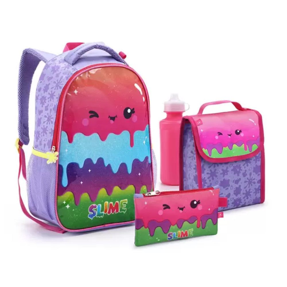 Mochila Feminina Infantil Kit 5 Peça Lancheira Térmica Estojo Garrafinha Chaveiro Mosquetão Escolar Passeio Menina slime